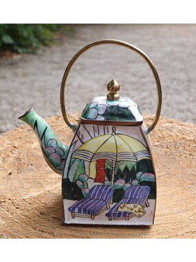 Vintage 1998 Empress Arts Ltd Miniature Enamel Teapot - Day at the Beach Theme